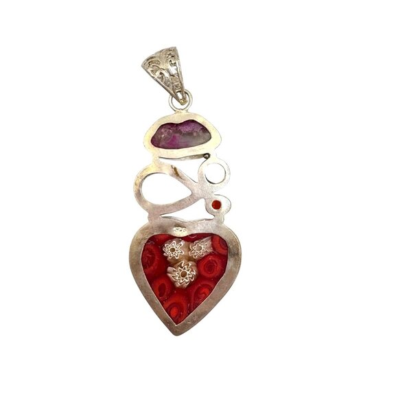 VTG Sterling Silver 925 Multi-Gemstone Glass Heart Pendant Size 3.25" Length - Picture 7 of 13